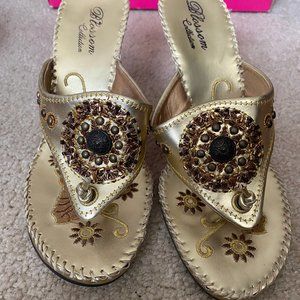 Gold Slip On Wedge w/ Embroidery